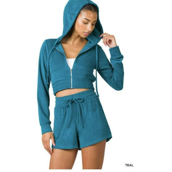 ZENANA loop terry zip hoodie & short set NEW comfy‎ and cute - Picture 1 of 4